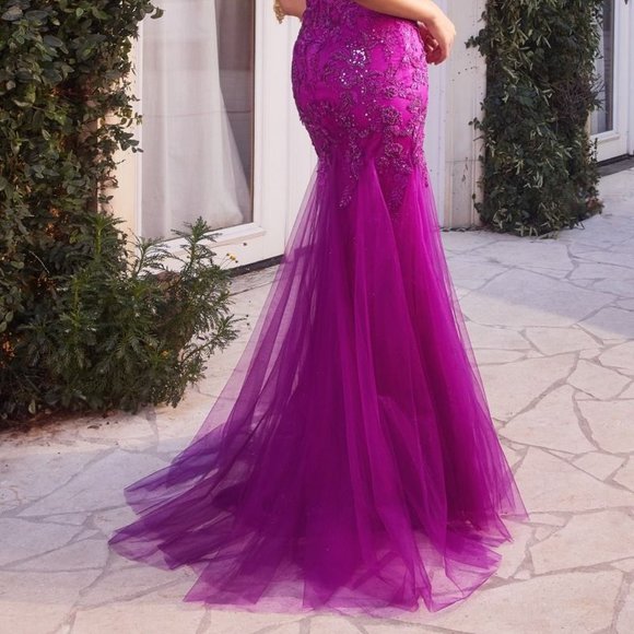 NEW LONG FORMAL TULLE MERMAID GOWN EMBROIDERED WITH FLORAL LACE & BEADS CD A1231 - Picture 9 of 9